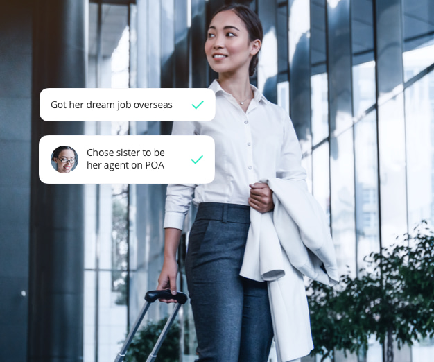 Young woman with a suitcase prepares to leave for a job overseas